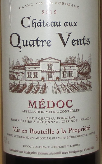 2015 Chateau aux Quatre Vents, Medoc, Bordeaux, Frankrig